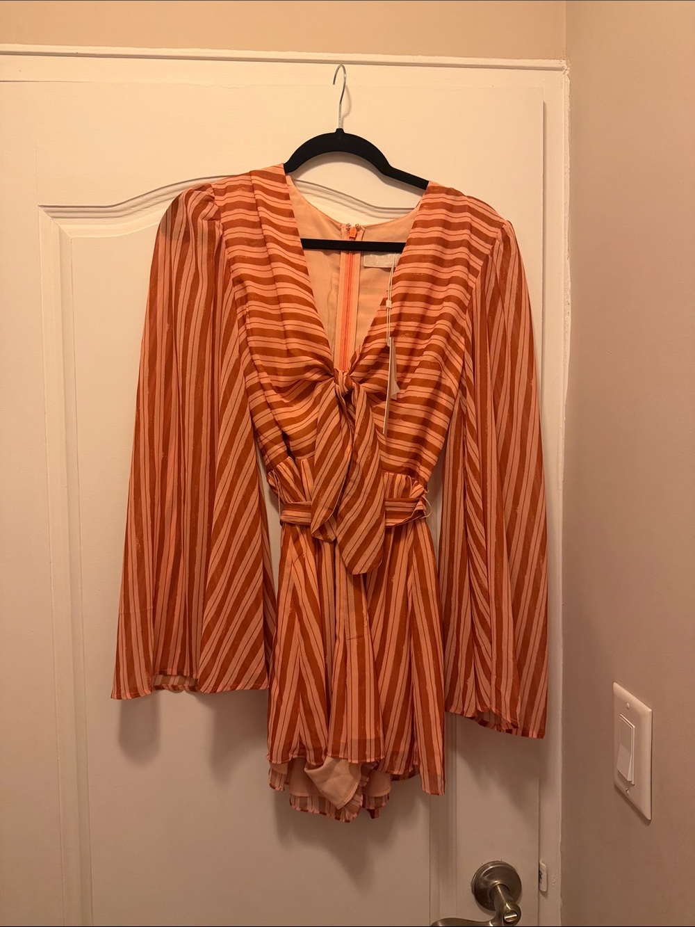 KEEPSAKE the Label Orange & Cream Striped Long-Sleeve Tie-Front Romper